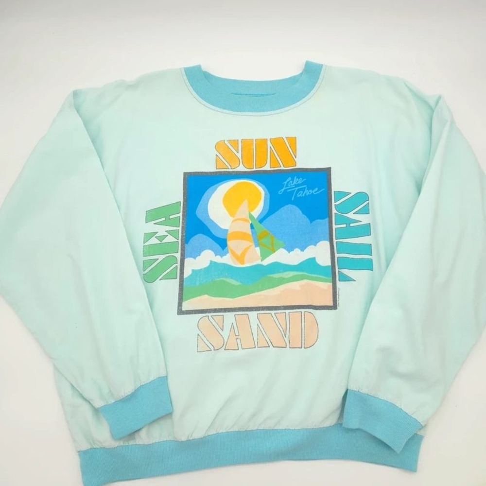 Vintage 1987 Lake Tahoe Sun Sand Sail Pullover Aqua Pastel Oversized 23x24